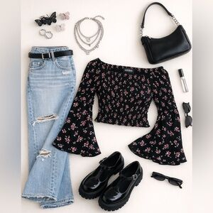 Express Y2K Smocked Bell Sleeve Floral Crop Top – Size Small